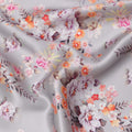 Ash Grey Base Multicolor Floral Bunch Printed Pure Silk Satin Fabric, 110 Cms Width, Made in India-D23991