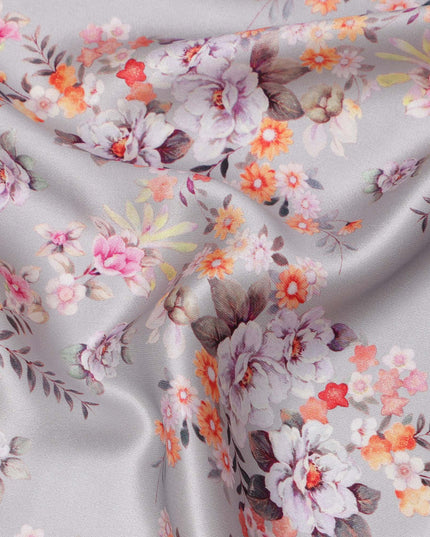Ash Grey Base Multicolor Floral Bunch Printed Pure Silk Satin Fabric, 110 Cms Width, Made in India-D23991