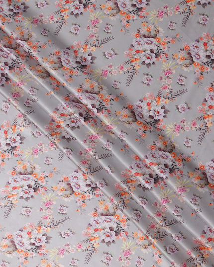 Ash Grey Base Multicolor Floral Bunch Printed Pure Silk Satin Fabric, 110 Cms Width, Made in India-D23991