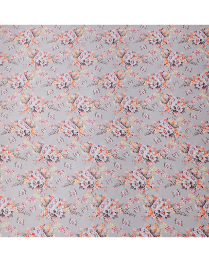 Ash Grey Base Multicolor Floral Bunch Printed Pure Silk Satin Fabric, 110 Cms Width, Made in India-D23991