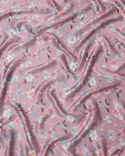 Dusty Pink Base Multicolor Delicate Floral Printed Pure Silk Satin Fabric, 110 Cms Width, Made in India-D23992