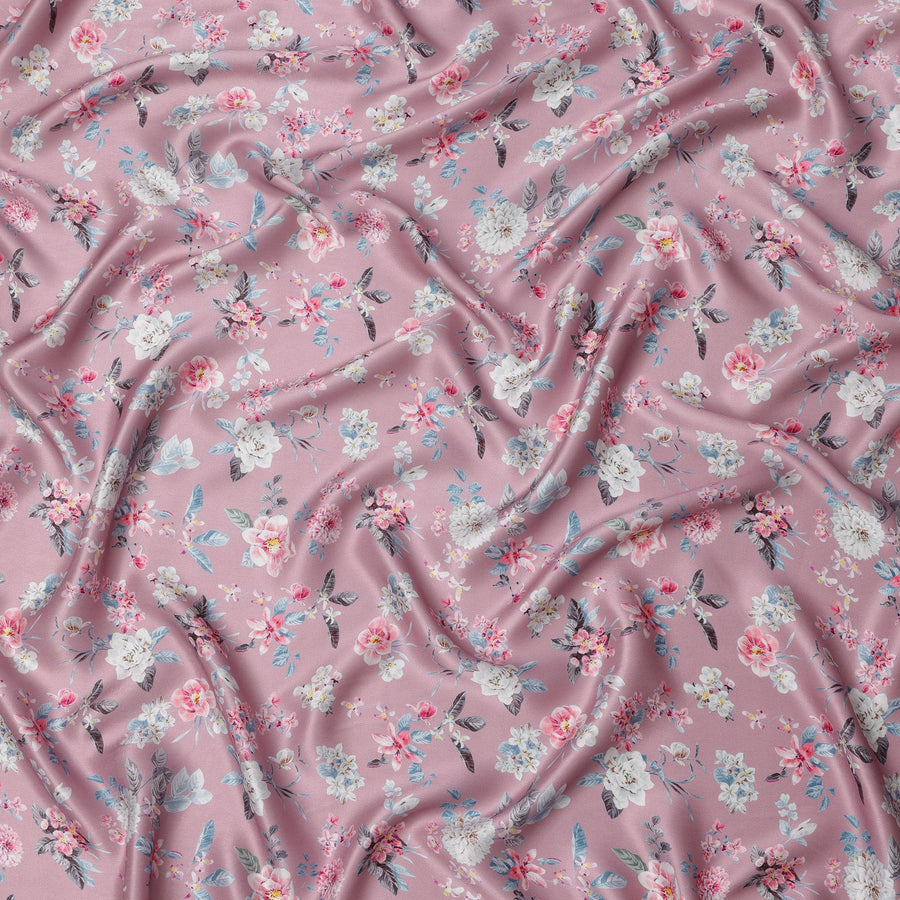 Dusty Pink Base Multicolor Delicate Floral Printed Pure Silk Satin Fabric, 110 Cms Width, Made in India-D23992