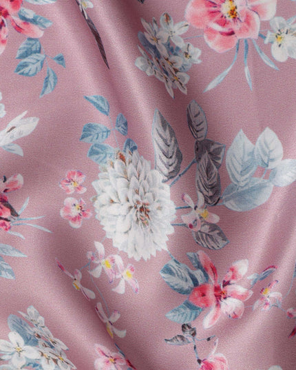 Dusty Pink Base Multicolor Delicate Floral Printed Pure Silk Satin Fabric, 110 Cms Width, Made in India-D23992