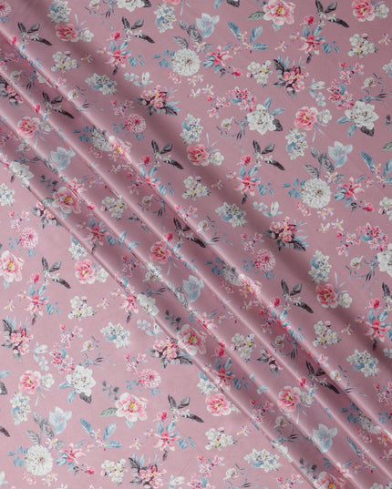 Dusty Pink Base Multicolor Delicate Floral Printed Pure Silk Satin Fabric, 110 Cms Width, Made in India-D23992