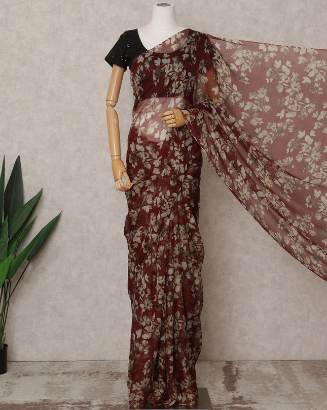 Maroon Premium Pure Silk Chiffon Floral Printed Saree, 5.5 Mtrs Length, 110 Cms Width, Made in India-D24216