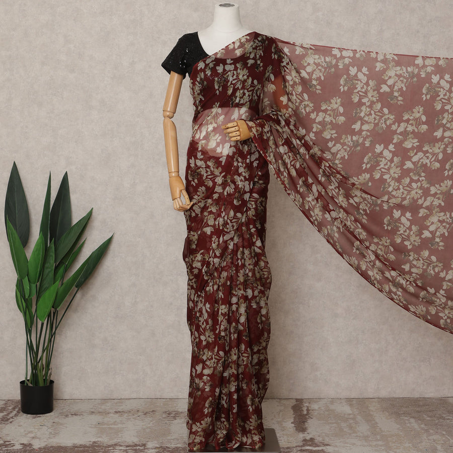 Maroon Premium Pure Silk Chiffon Floral Printed Saree, 5.5 Mtrs Length, 110 Cms Width, Made in India-D24216