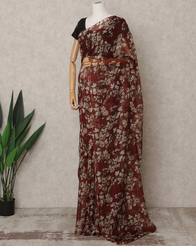 Maroon Premium Pure Silk Chiffon Floral Printed Saree, 5.5 Mtrs Length, 110 Cms Width, Made in India-D24216