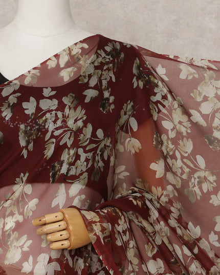 Maroon Premium Pure Silk Chiffon Floral Printed Saree, 5.5 Mtrs Length, 110 Cms Width, Made in India-D24216