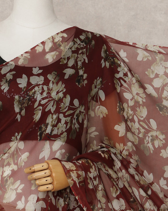 Maroon Premium Pure Silk Chiffon Floral Printed Saree, 5.5 Mtrs Length, 110 Cms Width, Made in India-D24216