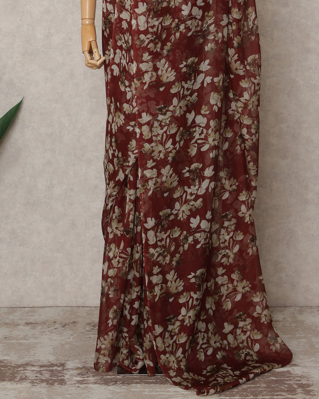 Maroon Premium Pure Silk Chiffon Floral Printed Saree, 5.5 Mtrs Length, 110 Cms Width, Made in India-D24216
