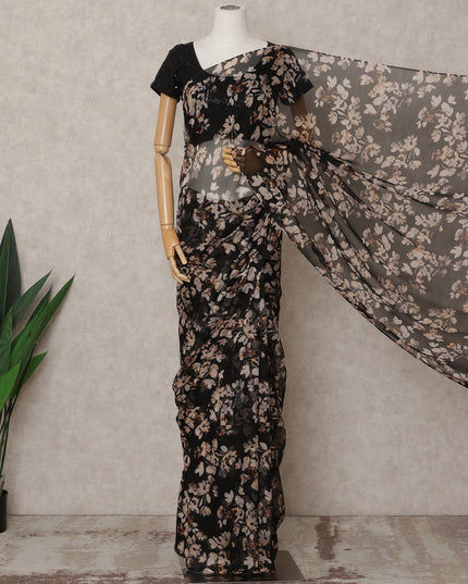 Black Premium Pure Silk Chiffon Floral Printed Saree, 5.5 Mtrs Length, 110 Cms Width, Made in India-D24218