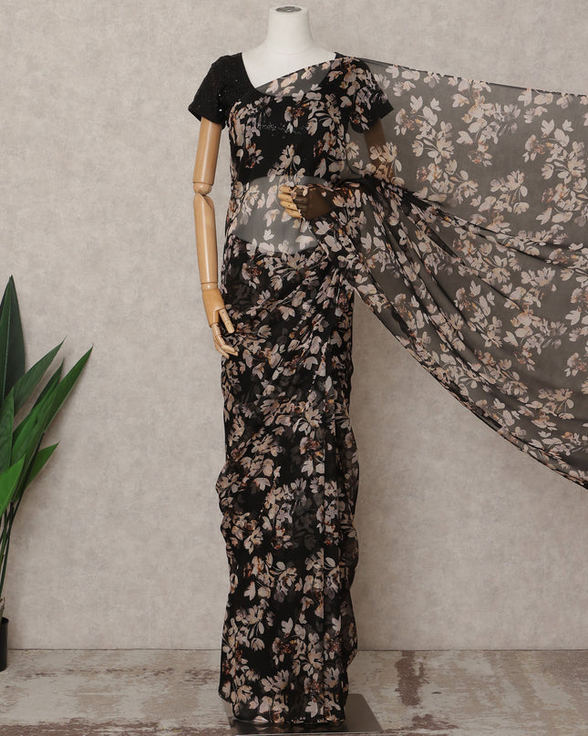 Black Premium Pure Silk Chiffon Floral Printed Saree, 5.5 Mtrs Length, 110 Cms Width, Made in India-D24218