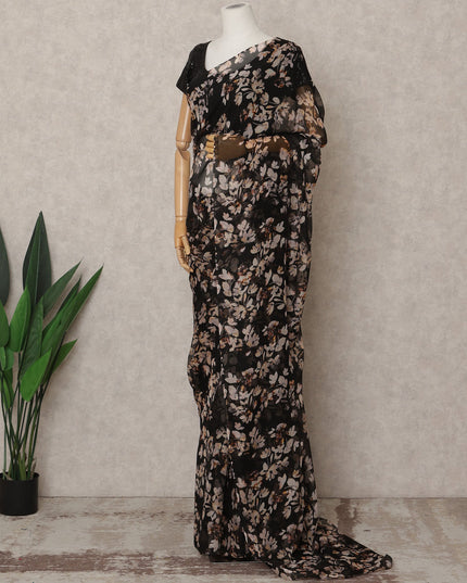 Black Premium Pure Silk Chiffon Floral Printed Saree, 5.5 Mtrs Length, 110 Cms Width, Made in India-D24218