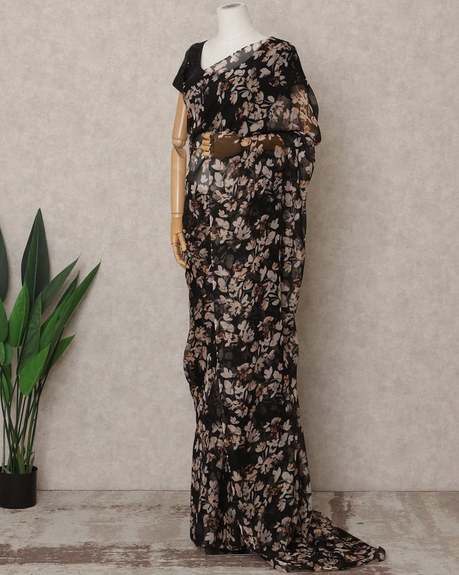 Black Premium Pure Silk Chiffon Floral Printed Saree, 5.5 Mtrs Length, 110 Cms Width, Made in India-D24218