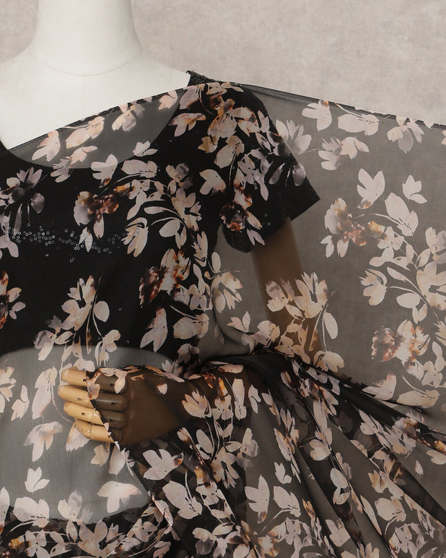 Black Premium Pure Silk Chiffon Floral Printed Saree, 5.5 Mtrs Length, 110 Cms Width, Made in India-D24218