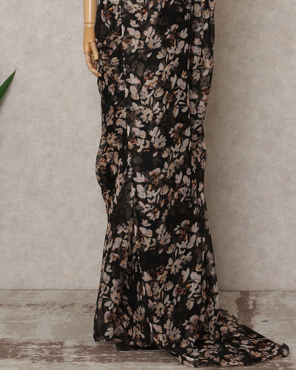 Black Premium Pure Silk Chiffon Floral Printed Saree, 5.5 Mtrs Length, 110 Cms Width, Made in India-D24218