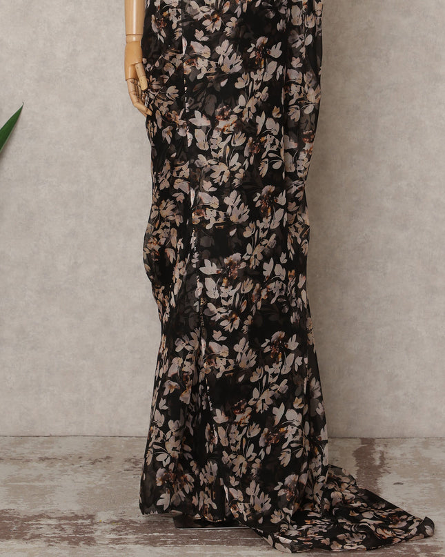 Black Premium Pure Silk Chiffon Floral Printed Saree, 5.5 Mtrs Length, 110 Cms Width, Made in India-D24218