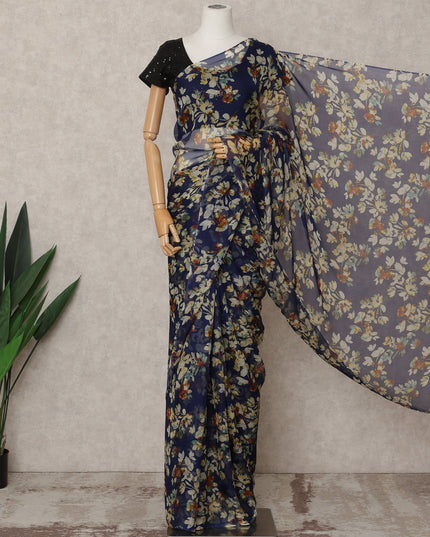 Navy Blue Premium Pure Silk Chiffon Floral Printed Saree, 5.5 Mtrs Length, 110 Cms Width, Made in India-D24219