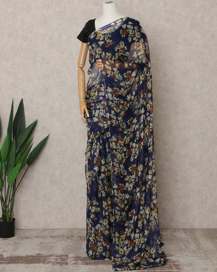 Navy Blue Premium Pure Silk Chiffon Floral Printed Saree, 5.5 Mtrs Length, 110 Cms Width, Made in India-D24219