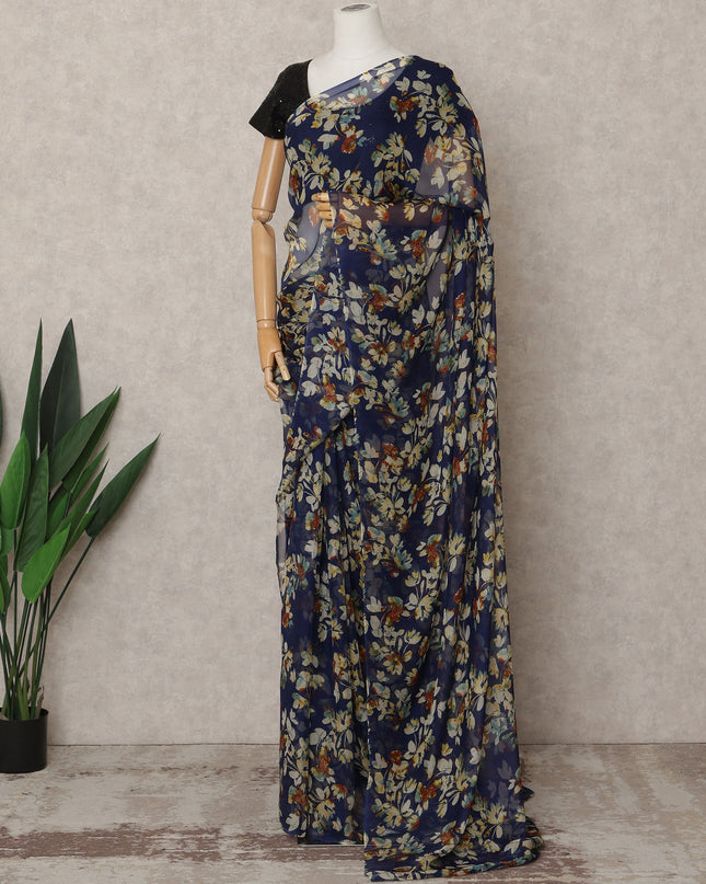 Navy Blue Premium Pure Silk Chiffon Floral Printed Saree, 5.5 Mtrs Length, 110 Cms Width, Made in India-D24219