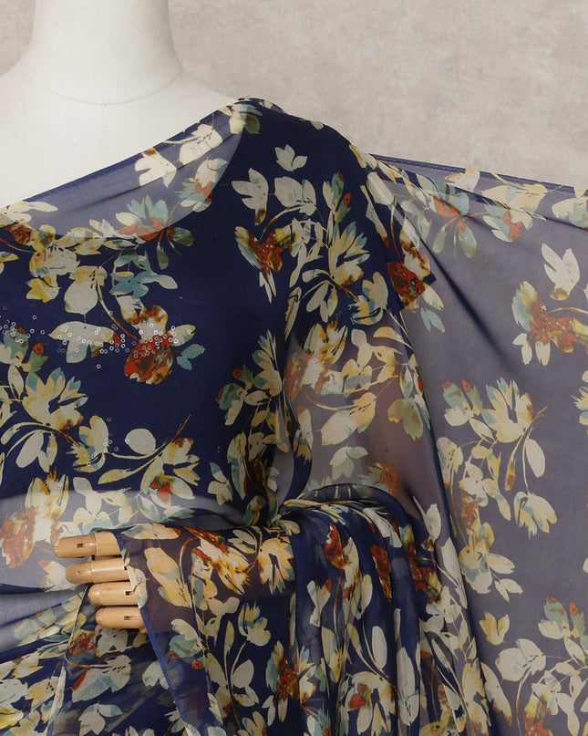 Navy Blue Premium Pure Silk Chiffon Floral Printed Saree, 5.5 Mtrs Length, 110 Cms Width, Made in India-D24219