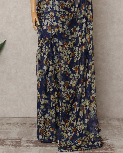 Navy Blue Premium Pure Silk Chiffon Floral Printed Saree, 5.5 Mtrs Length, 110 Cms Width, Made in India-D24219