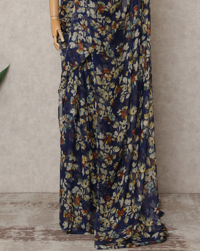 Navy Blue Premium Pure Silk Chiffon Floral Printed Saree, 5.5 Mtrs Length, 110 Cms Width, Made in India-D24219