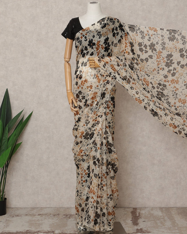 Beige Premium Pure Silk Chiffon Floral Printed Saree, 5.5 Mtrs Length, 110 Cms Width, Made in India-D24220