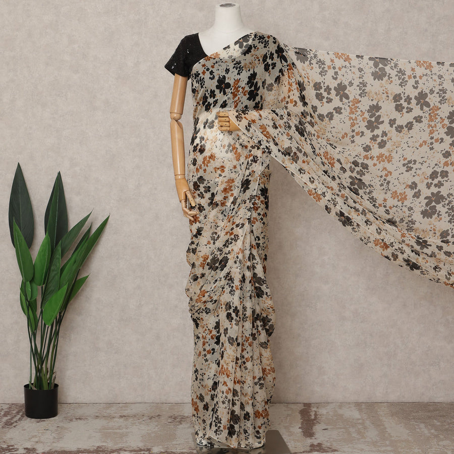 Beige Premium Pure Silk Chiffon Floral Printed Saree, 5.5 Mtrs Length, 110 Cms Width, Made in India-D24220