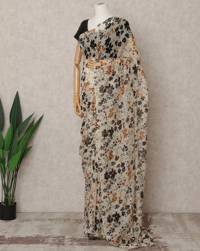 Beige Premium Pure Silk Chiffon Floral Printed Saree, 5.5 Mtrs Length, 110 Cms Width, Made in India-D24220