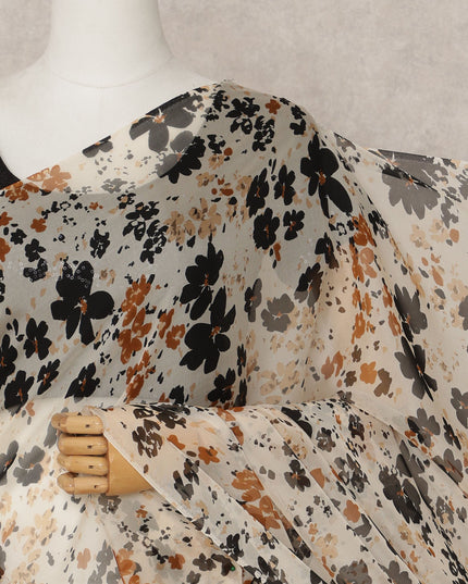 Beige Premium Pure Silk Chiffon Floral Printed Saree, 5.5 Mtrs Length, 110 Cms Width, Made in India-D24220