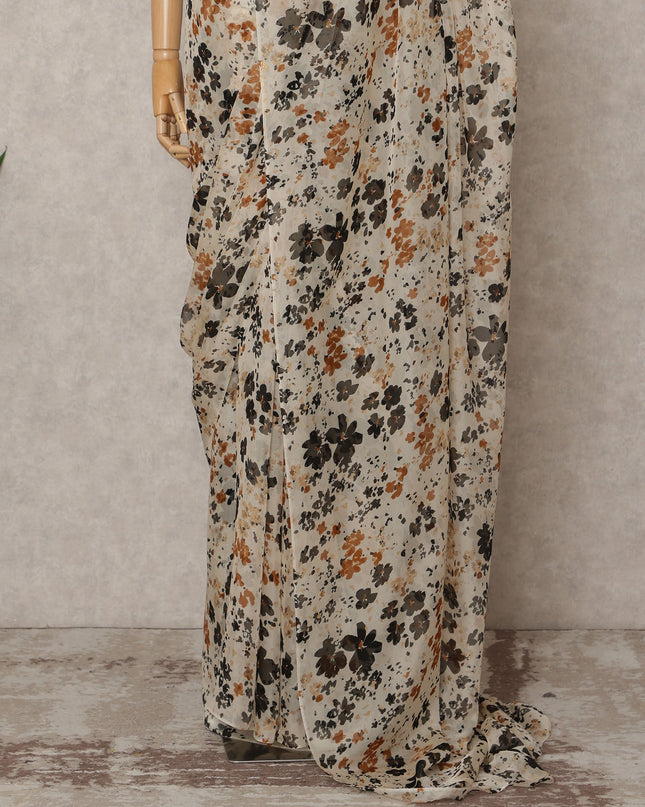 Beige Premium Pure Silk Chiffon Floral Printed Saree, 5.5 Mtrs Length, 110 Cms Width, Made in India-D24220