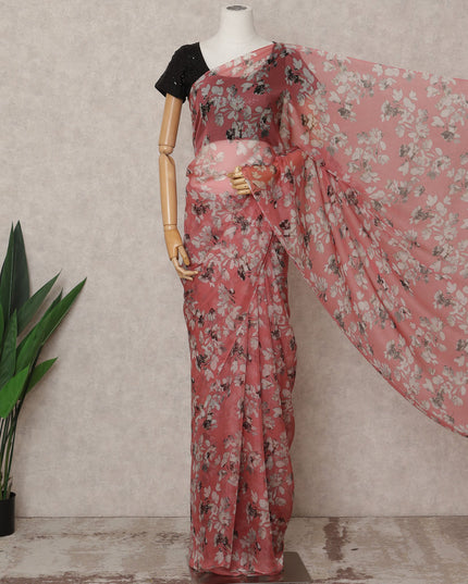 Rose Pink Premium Pure Silk Chiffon Floral Printed Saree, 5.5 Mtrs Length, 110 Cms Width, Made in India-D24221
