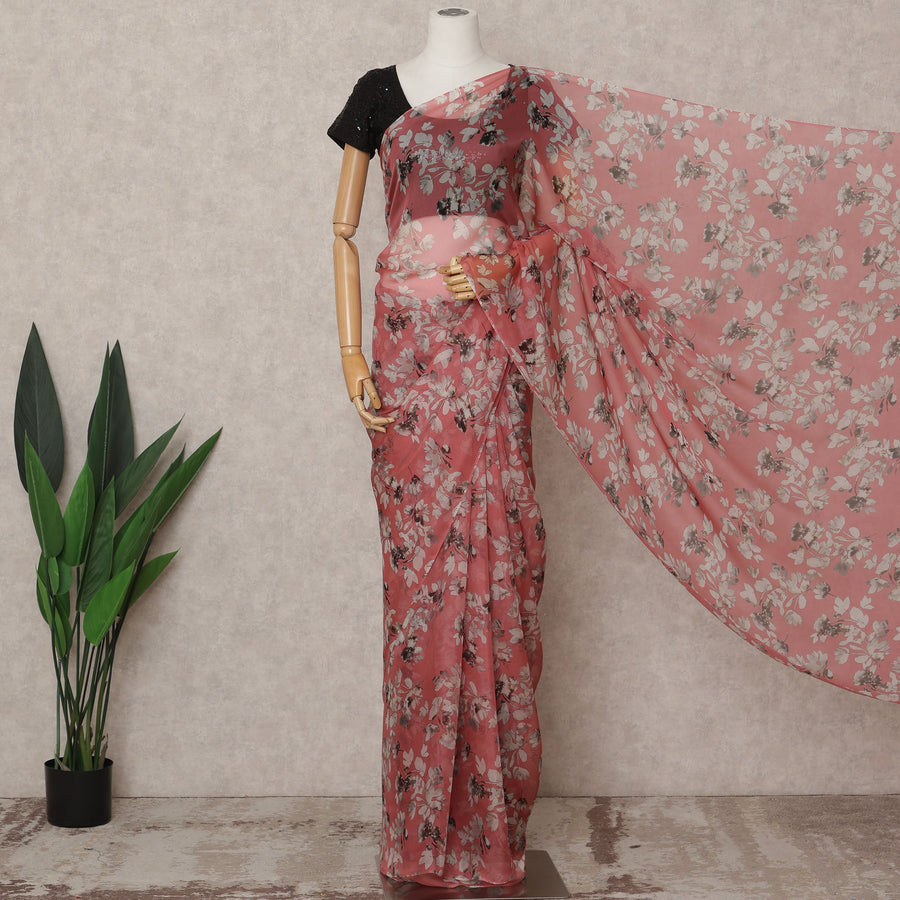 Rose Pink Premium Pure Silk Chiffon Floral Printed Saree, 5.5 Mtrs Length, 110 Cms Width, Made in India-D24221