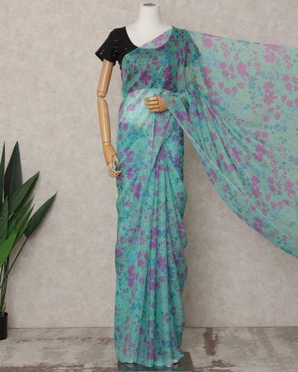 Aqua Blue Premium Pure Silk Chiffon Floral Printed Saree, 5.5 Mtrs Length, 110 Cms Width, Made in India-D24222
