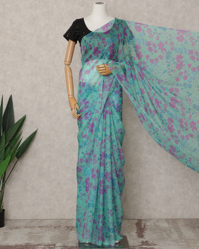Aqua Blue Premium Pure Silk Chiffon Floral Printed Saree, 5.5 Mtrs Length, 110 Cms Width, Made in India-D24222