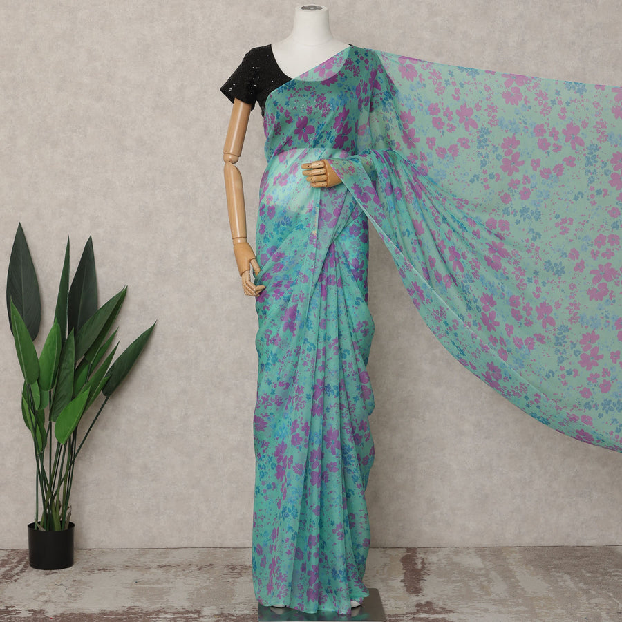 Aqua Blue Premium Pure Silk Chiffon Floral Printed Saree, 5.5 Mtrs Length, 110 Cms Width, Made in India-D24222