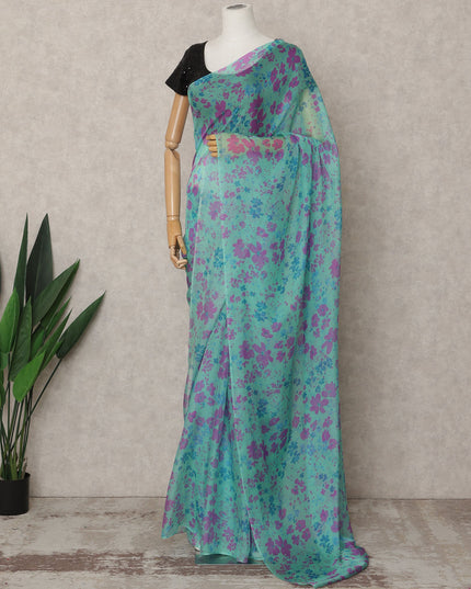 Aqua Blue Premium Pure Silk Chiffon Floral Printed Saree, 5.5 Mtrs Length, 110 Cms Width, Made in India-D24222