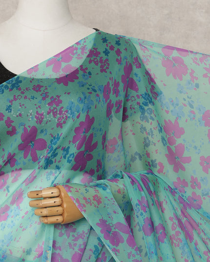 Aqua Blue Premium Pure Silk Chiffon Floral Printed Saree, 5.5 Mtrs Length, 110 Cms Width, Made in India-D24222