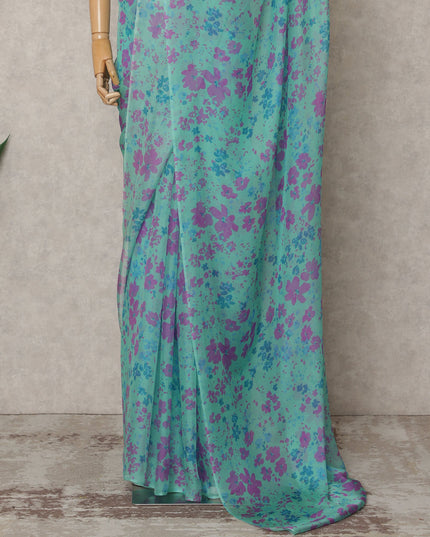 Aqua Blue Premium Pure Silk Chiffon Floral Printed Saree, 5.5 Mtrs Length, 110 Cms Width, Made in India-D24222