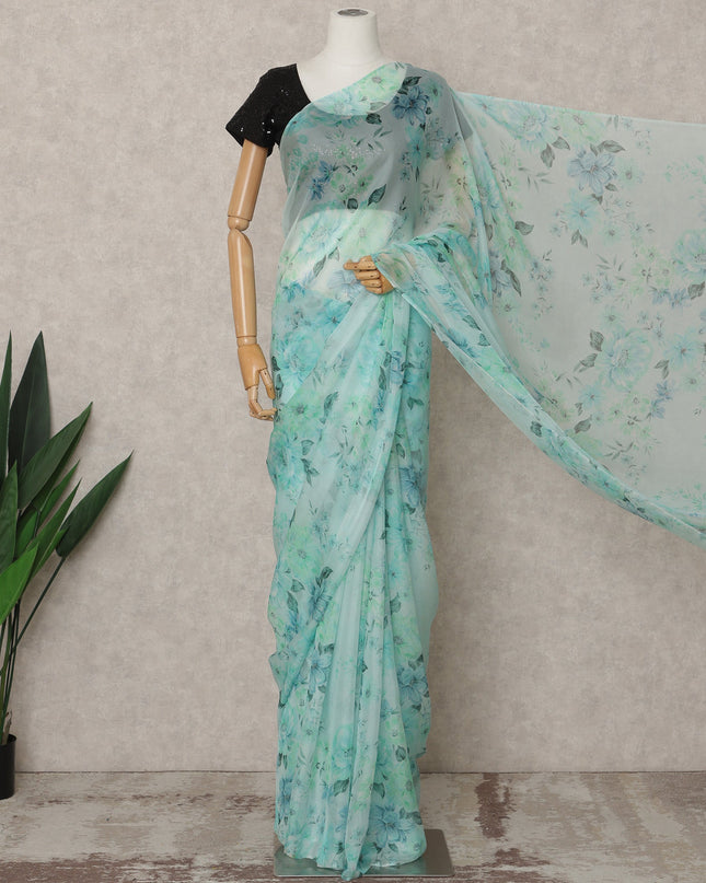 Mint Green Premium Pure Silk Chiffon Floral Printed Saree, 5.5 Mtrs Length, 110 Cms Width, Made in India-D24223
