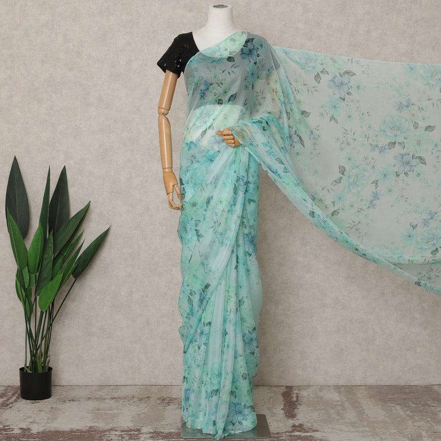 Mint Green Premium Pure Silk Chiffon Floral Printed Saree, 5.5 Mtrs Length, 110 Cms Width, Made in India-D24223