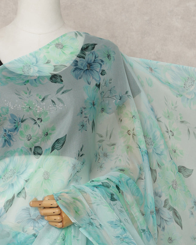 Mint Green Premium Pure Silk Chiffon Floral Printed Saree, 5.5 Mtrs Length, 110 Cms Width, Made in India-D24223