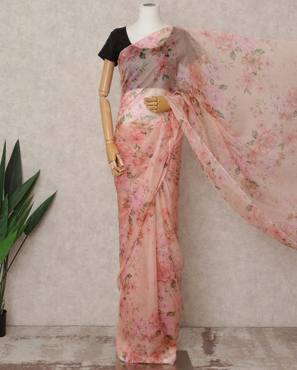 Peach Premium Pure Silk Chiffon Floral Printed Saree, 5.5 Mtrs Length, 110 Cms Width, Made in India-D24224