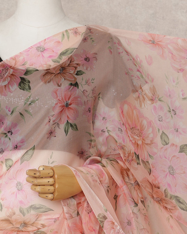 Peach Premium Pure Silk Chiffon Floral Printed Saree, 5.5 Mtrs Length, 110 Cms Width, Made in India-D24224
