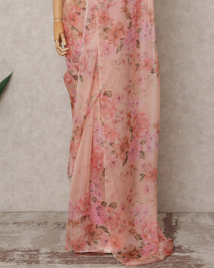 Peach Premium Pure Silk Chiffon Floral Printed Saree, 5.5 Mtrs Length, 110 Cms Width, Made in India-D24224