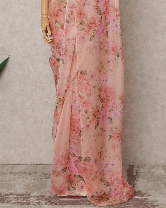 Peach Premium Pure Silk Chiffon Floral Printed Saree, 5.5 Mtrs Length, 110 Cms Width, Made in India-D24224