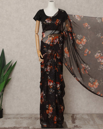 Black Premium Pure Silk Chiffon Floral Printed Saree, 5.5 Mtrs Length, 110 Cms Width, Made in India-D24225