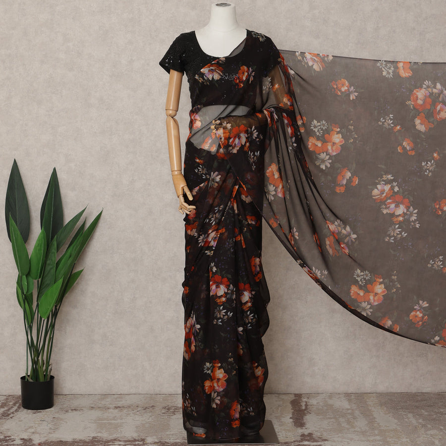 Black Premium Pure Silk Chiffon Floral Printed Saree, 5.5 Mtrs Length, 110 Cms Width, Made in India-D24225