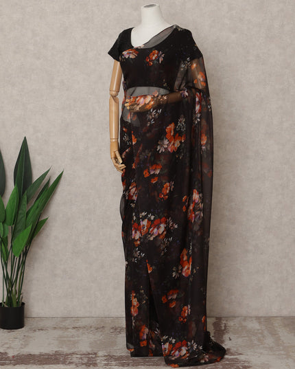 Black Premium Pure Silk Chiffon Floral Printed Saree, 5.5 Mtrs Length, 110 Cms Width, Made in India-D24225